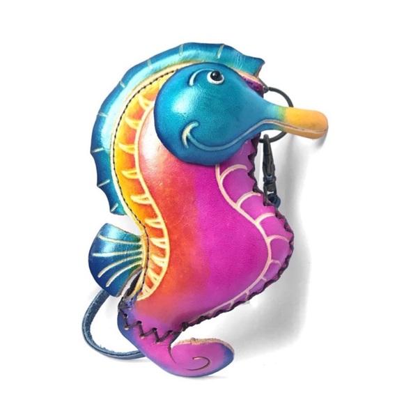 Genuine Leather Handmade Handcrafted Vibrant Seahorse Wristlet Pouch - Picture 4 of 5